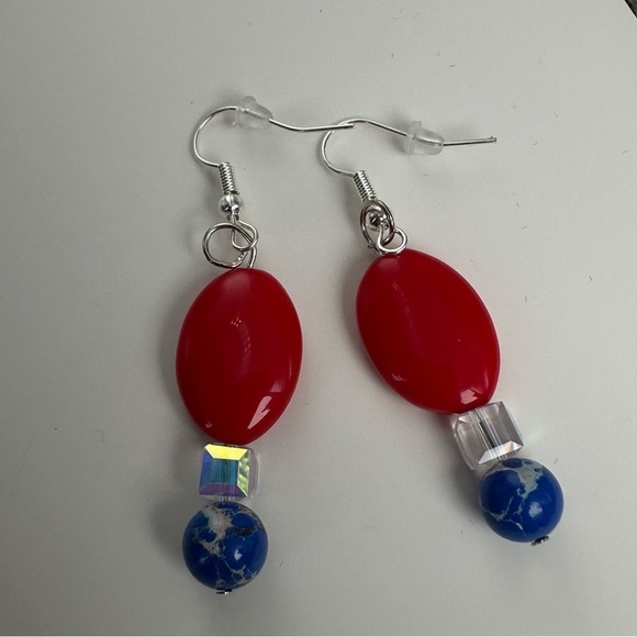 Square AB Glass Bead Earrings and blue and red glass Handmade patriotic 3476 - Picture 6 of 10